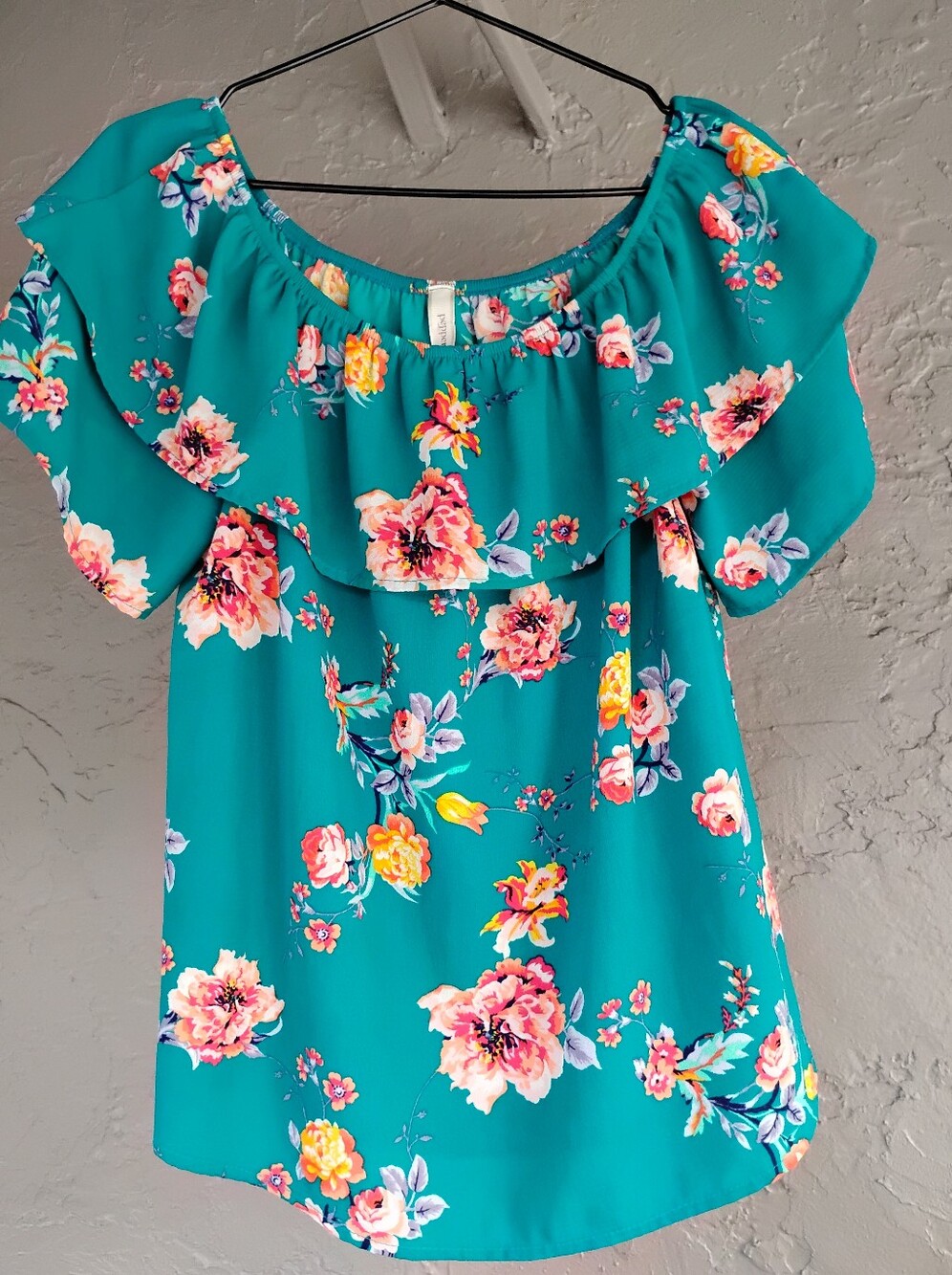 Peppermint Teal Floral Off Shoulder Flowy Blouse Top Boho Made In USA Size S